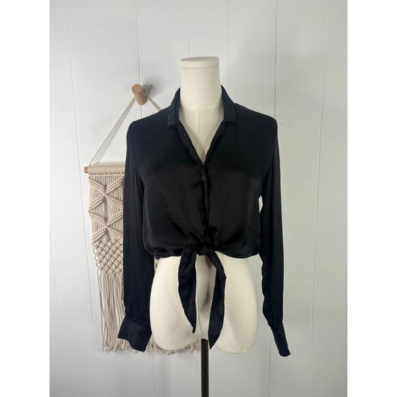 Wilfred Silky Black Tie Front Button Up Crop Top Size XXS Long Sleeve - Picture 2 of 10